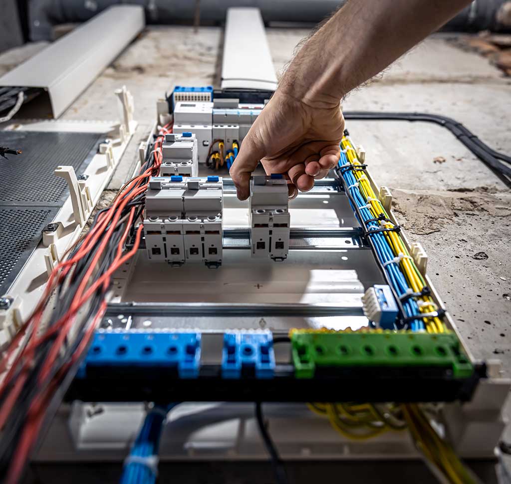 Operario realizando la instalación y mantenimiento de cuadros eléctricos