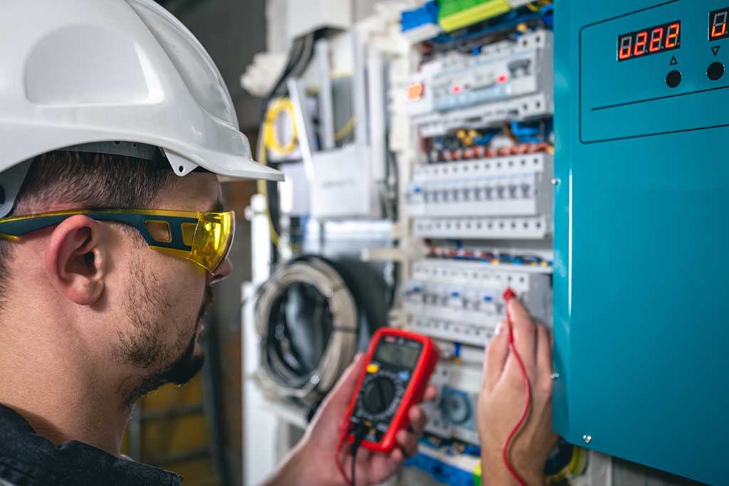 Trabajador con casco y gafas de protección sujeta un multímetro